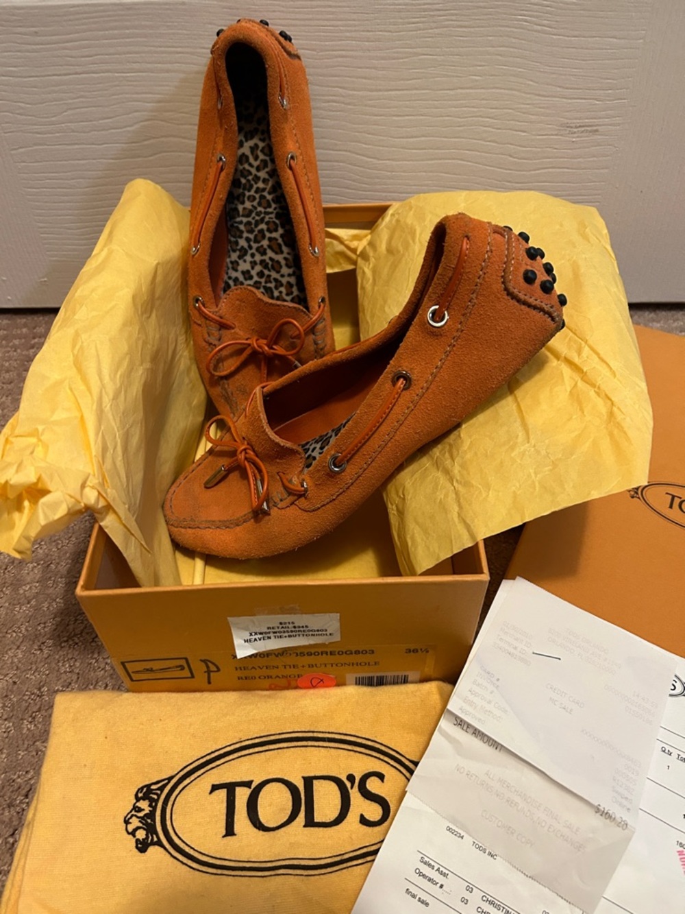 TOD'S Orange Suede Driving Moccasins with Leopard Lining